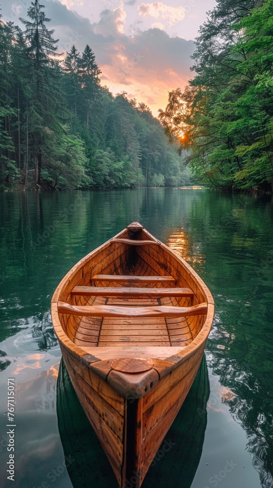 Handcrafted wooden canoe on tranquil forest lake at dawn serene escape