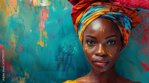 Contemporary artwork featuring a vibrant abstract portrait of a woman wearing a stylish head wrap, inspired by African traditions and culture. AI technology used in the creation process.