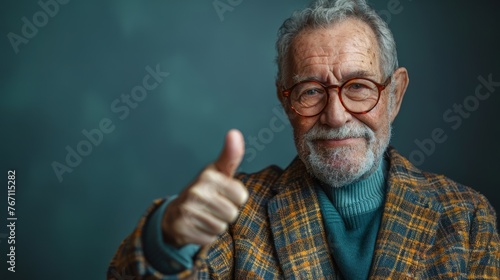A sophisticated senior citizen in a stylish outfit, giving a thumbs up on a plain navy green backdrop. Illustrating a dynamic approach to aging gracefully.