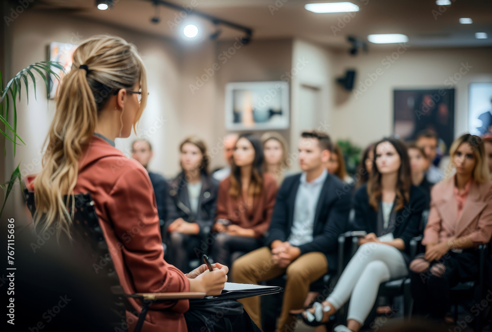 general audience sitting in a small room with person in front of them general audience sitting in a small room with person in front of them