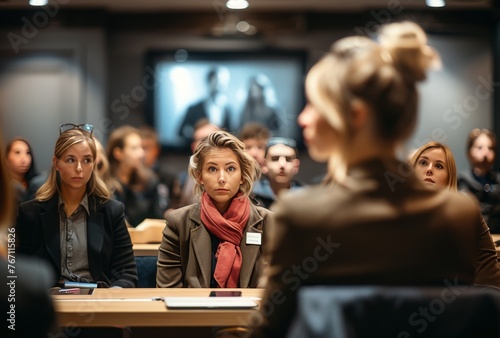 general audience sitting in a small room with person in front of them