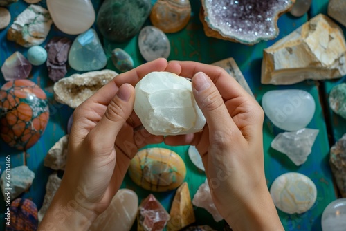 hands holding an alum stone against a backdrop of various mineral stones photo