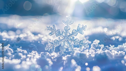 magical winter background with snow, snow flakes and soft bokeh lights on blue sky, cold backdrop for christmas, snowy still liefe at frosty weather time snow background light floor cold empty. photo