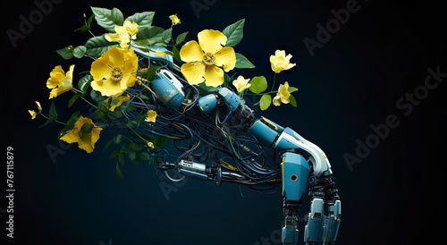 globalization concepts with robot machine and flower plant.futuristic biology technology.Abstract contemporary art photo