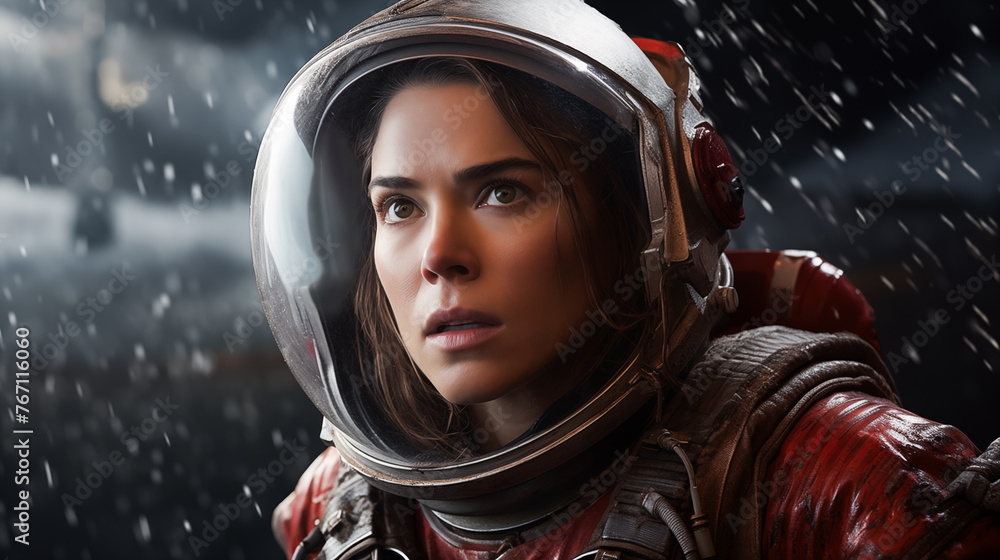 Woman astronaut wearing space helmet and suit. Woman manned mission to Mars, space exploration colonization. Portrait of woman astronaut wearing a space suit in international space station - obrazy, fototapety, plakaty 
