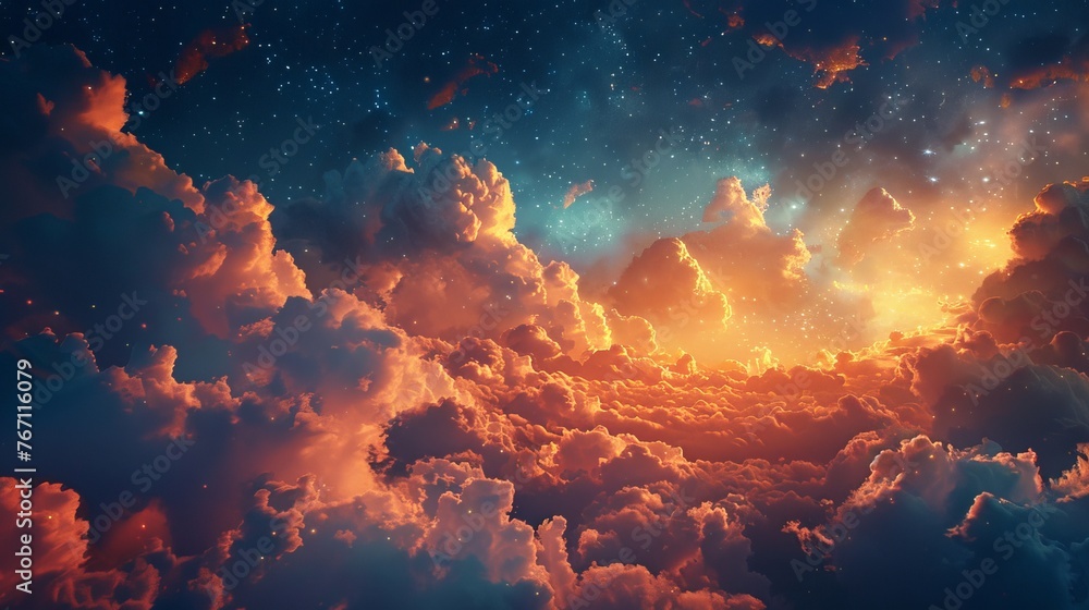 Fantasy sky filled with fluffy, glowing clouds under stars, creating otherworldly atmosphere