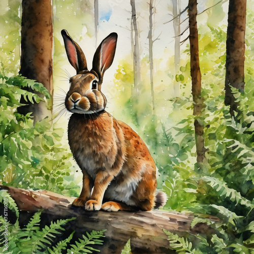 Hand-drawn watercolor rabbit portrait. Generative AI.