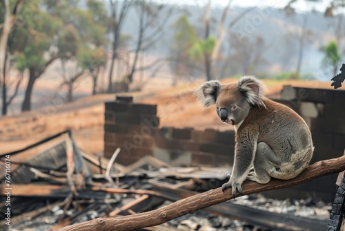 koala on safe branch overlooking firedamaged habitat photo