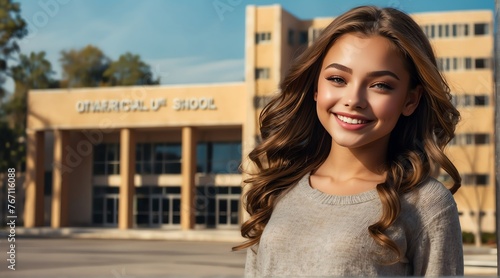 American woman smiling happily at school Ultra Detailed Artistic, Detailed Gorgeous Face, Natural Skin, Glowing, Glamour, Glimmer, Ultra High Quality Model from Generative AI