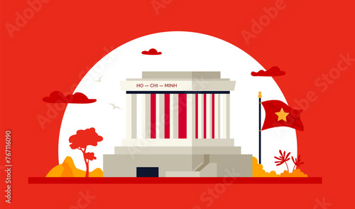 Mausoleum of Ho Chi Minh - modern colored vector illustration with tomb of the first president of North Vietnam against the backdrop of the setting white sun. Architectural memorial located in Hanoi