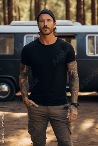 Male model posing outdoors with plain blank black canvas t-shirt mockup