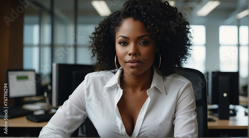 Beautiful black african woman Working happily at the office while doing business Ultra Detailed Artistic, Detailed Gorgeous Face, Natural Skin, Glowing, Glamour, Glimmer, Ultra High Quality Model