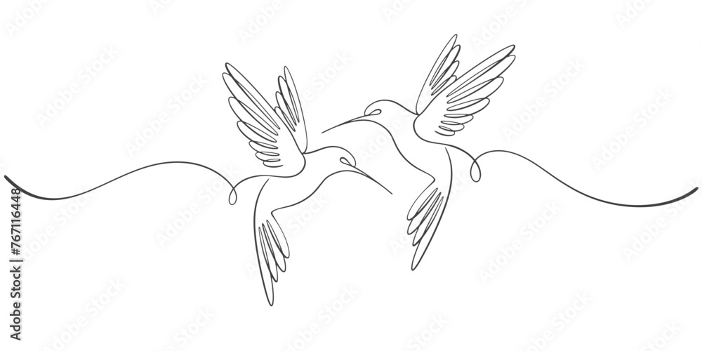 Two birds are flying isolated on white background. Line art love couple of birds. Outline vector illustration. Two birds are flying isolated on white background. Line art love couple of birds. Outline vector illustration.