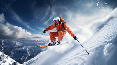 Skier Jumping Off Snowy Mountain Peak
