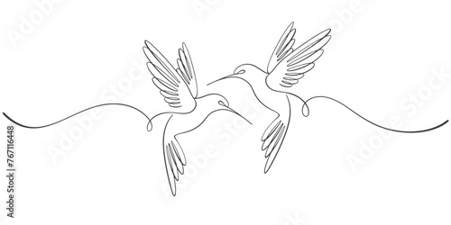 Two birds are flying isolated on white background. Line art love couple of birds. Outline vector illustration. 
