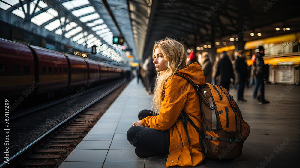 Mujer 20s sentada en el anden, esperando, con abrigo ocre, pelo largo rubio, una mochila naranja a la espalda, en una estación de metro, con pasajeros al fondo, luz natural tejado, primer plano - obrazy, fototapety, plakaty 