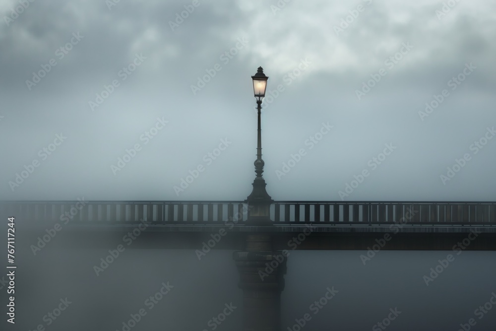 lone streetlamp on bridge with enveloping fog