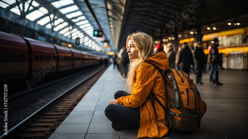 Mujer 20s sentada en el anden, esperando, con abrigo ocre, pelo largo rubio, una mochila naranja a la espalda, en una estación de metro, con pasajeros al fondo, luz natural tejado, primer plano photo