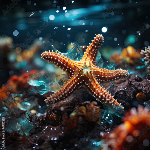 Estrella de mar, primer plano, colores azul verdosos con las patas naranjas, fantasía, 3D, ilustración, mundo submarino, arrecifes coralinos, profundidades, estudio vida marina, ventosas
