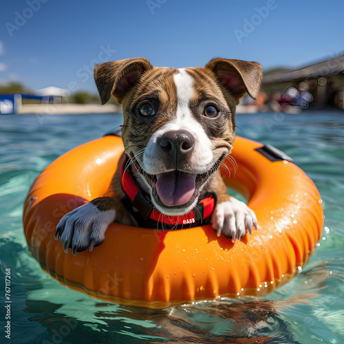 Perrito Staffy, en flotador amarillo, bañándose en una piscina, hotel para mascotas, turismo, verano, vacaciones, sonriente, lindo, cachorro photo