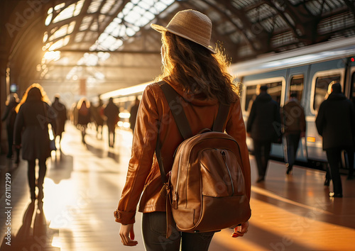 Mujer de espaldas andando en el anden, con abrigo cuero caramelo, pelo largo castaño y sombrero, mochila polipiel a la espalda, en una estación de metro, con pasajeros caminando, luz natural tejado