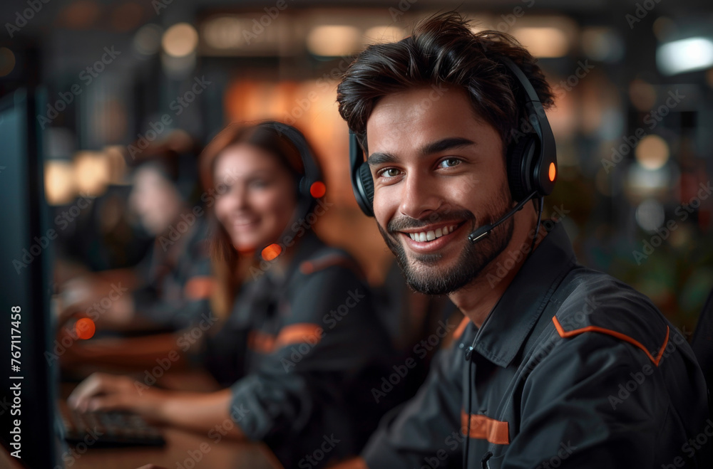 A man wearing a headset is smiling while working on a computer A man wearing a headset is smiling while working on a computer