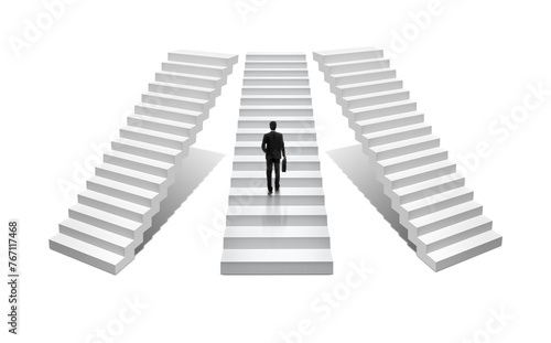 Businessman climbing on concrete stairs. Success and career growth concept  transparent background