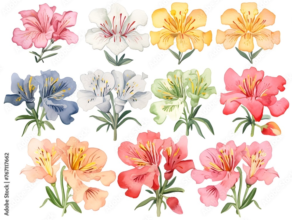 Vibrant Watercolor Alstroemeria Blooms with Speckled Petals in Botanical
