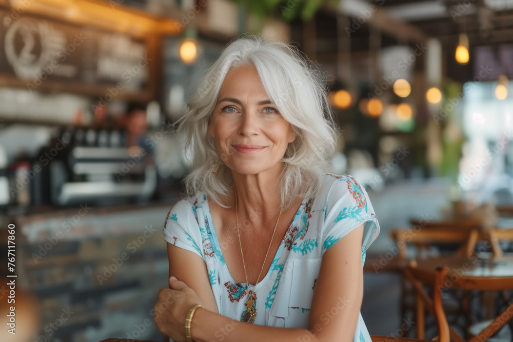 A mature woman sits at a table in a restaurant or cafe and looks at the camera