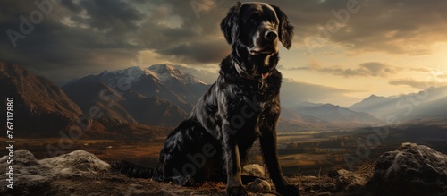 A black Labrador Retriever is perched on a mountain peak, the cloudfilled sky serving as a backdrop to this majestic landscape