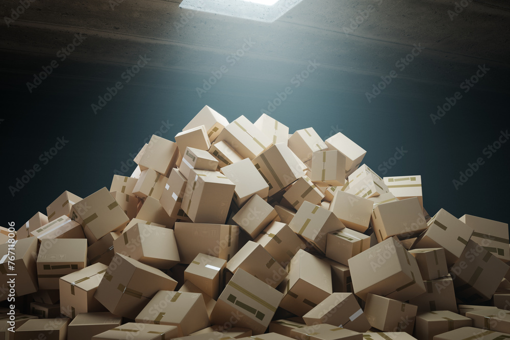 Expansive Pile of Diverse Cardboard Boxes in a Dimly Lit Warehouse Space