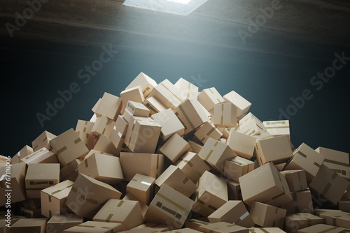 Obraz na płótnie Expansive Pile of Diverse Cardboard Boxes in a Dimly Lit Warehouse Space w salonie