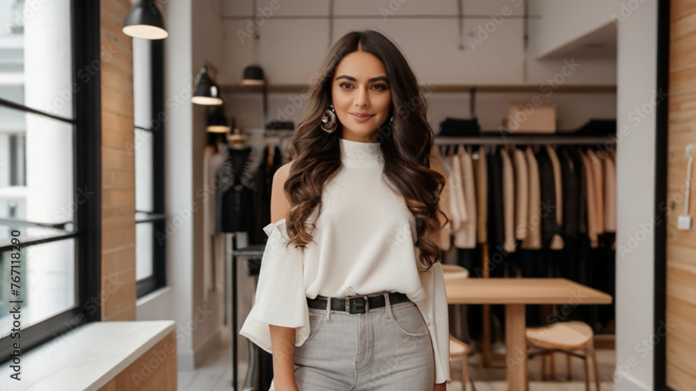 Fashion sales representative or business owner in the modern clothing store Fashion sales representative or business owner in the modern clothing store
