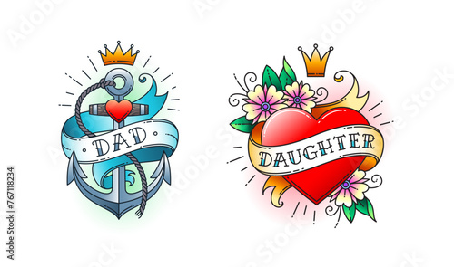 Set of Classic tattoo. Heart with flowers and ribbon with the word daughter. Anchor with rope and ribbon with the word dad. Classic old school American retro tattoo. Vector illustration.