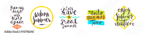 Set of vacation and summer travel brush calligraphy lettering designs. Summer holidays quote and phrases. Vector illustration.