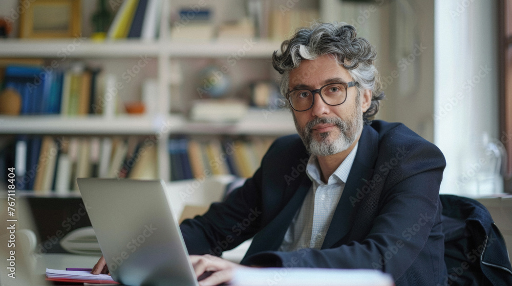 Middle aged business man executive financial investor sitting at desk using laptop. Busy professional businessman ceo manager working on computer corporate technology in modern office. Portrait. Middle aged business man executive financial investor sitting at desk using laptop. Busy professional businessman ceo manager working on computer corporate technology in modern office. Portrait.