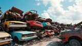 Old cars piled on junk heap