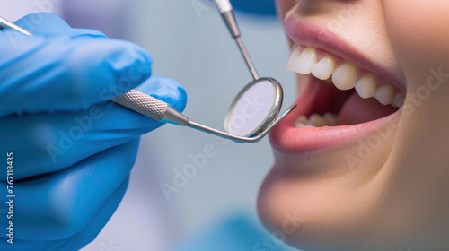 A dentist is holding a pair of dental tools and examining a woman s teeth. The woman has a bright smile  indicating that she is in good dental health. Concept of trust and care between the dentist