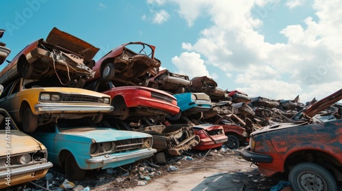 Old cars piled on junk heap photo