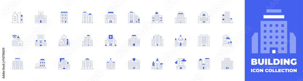 Building icon collection. Duotone style line stroke and bold. Vector illustration. Containing skycraper, skyscraper, buildings, building, casino, smart city, skyscrapper, green city, fire, hotel.