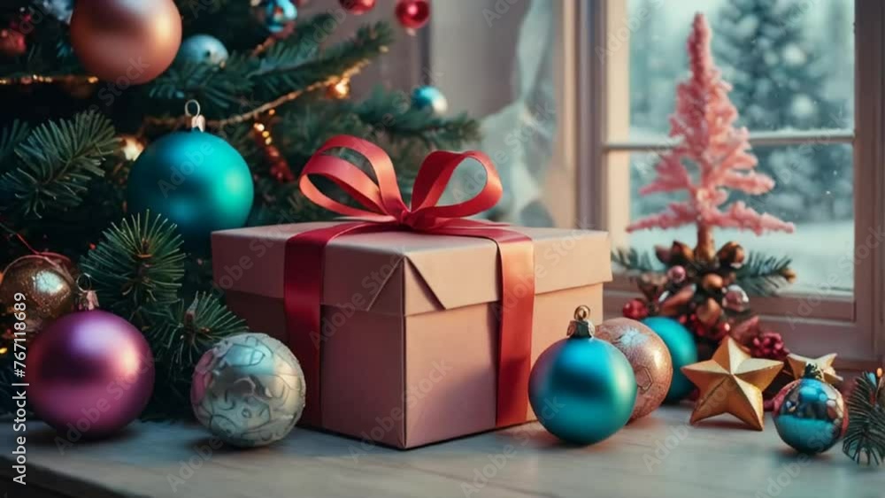 gift box, Christmas tree branch, balls gift box, Christmas tree branch, balls
