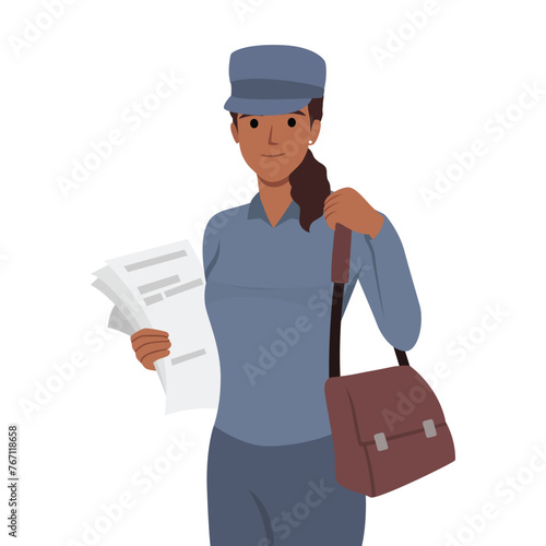 Woman postman delivers newspapers and fresh press with news or letters for residents of city. Flat vector illustration isolated on white background