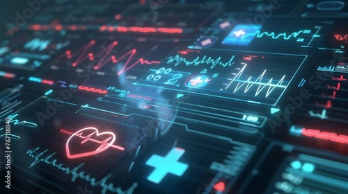 a holographic display showing patient data, with medical heartbeat icon pulsating in sync with the patient's heart rate. 
