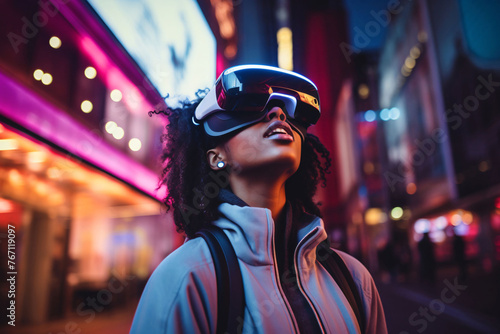 This is a street photo with a man wearing a VR helmet, taken in an urban environment. For entertainment and technological use and conveys the idea of immersion in another world