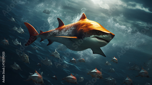 Big sea sharks small brave goldfish with shark fin costume in big ocean giant shark underwater wild shark in ocean 