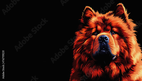 Illustration painting portrait  of red chow chow dog on black background with copy space photo