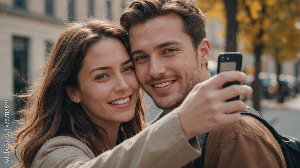 A man and a woman are smiling for a picture. The man is holding a cell phone and taking a picture of the woman A man and a woman are smiling for a picture. The man is holding a cell phone and taking a picture of the woman