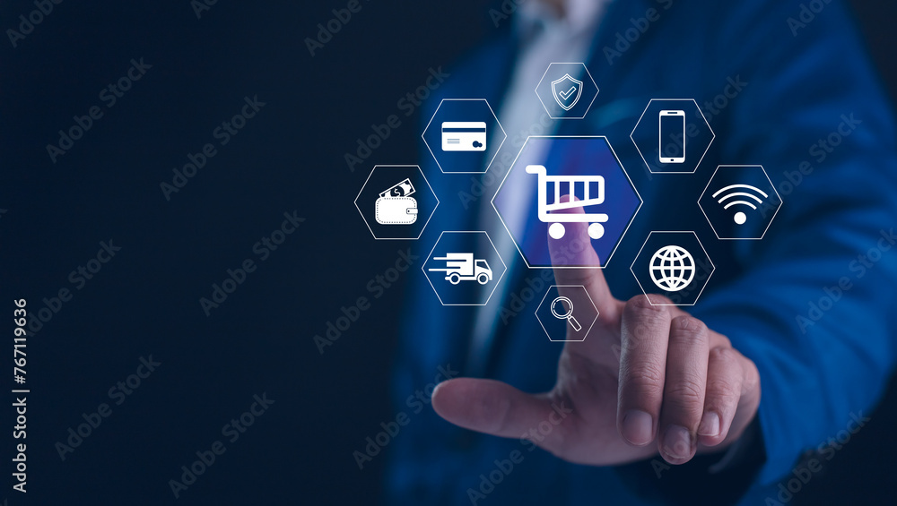 A businessman touch e-commerce and online shopping symbols, signifying the digital transformation of business through technology. Ideal for themes of online marketing, and digital economy. A businessman touch e-commerce and online shopping symbols, signifying the digital transformation of business through technology. Ideal for themes of online marketing, and digital economy.