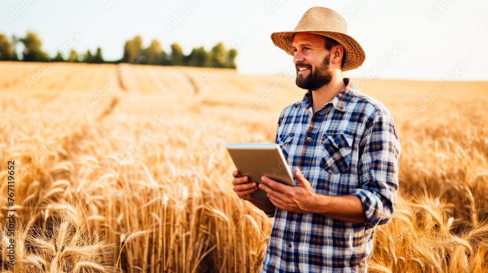 A man in a field holding an ipad and smiling