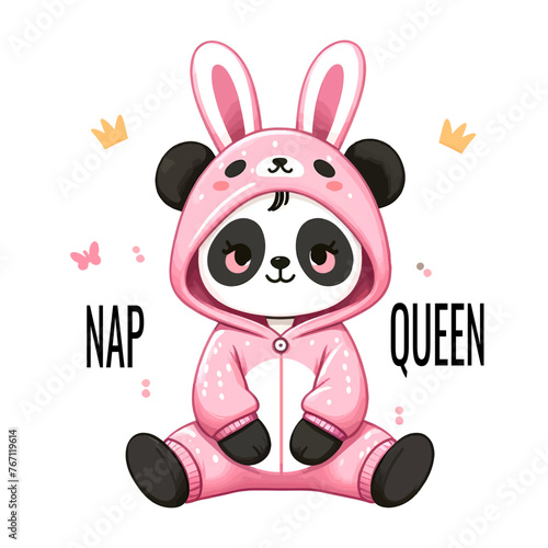 Сute panda in kigurumi pajamas. Pink hare costume with long ears, hood. Funny cartoon card with lettering nap queen, hand drawn vector illustration. Isolated on white.